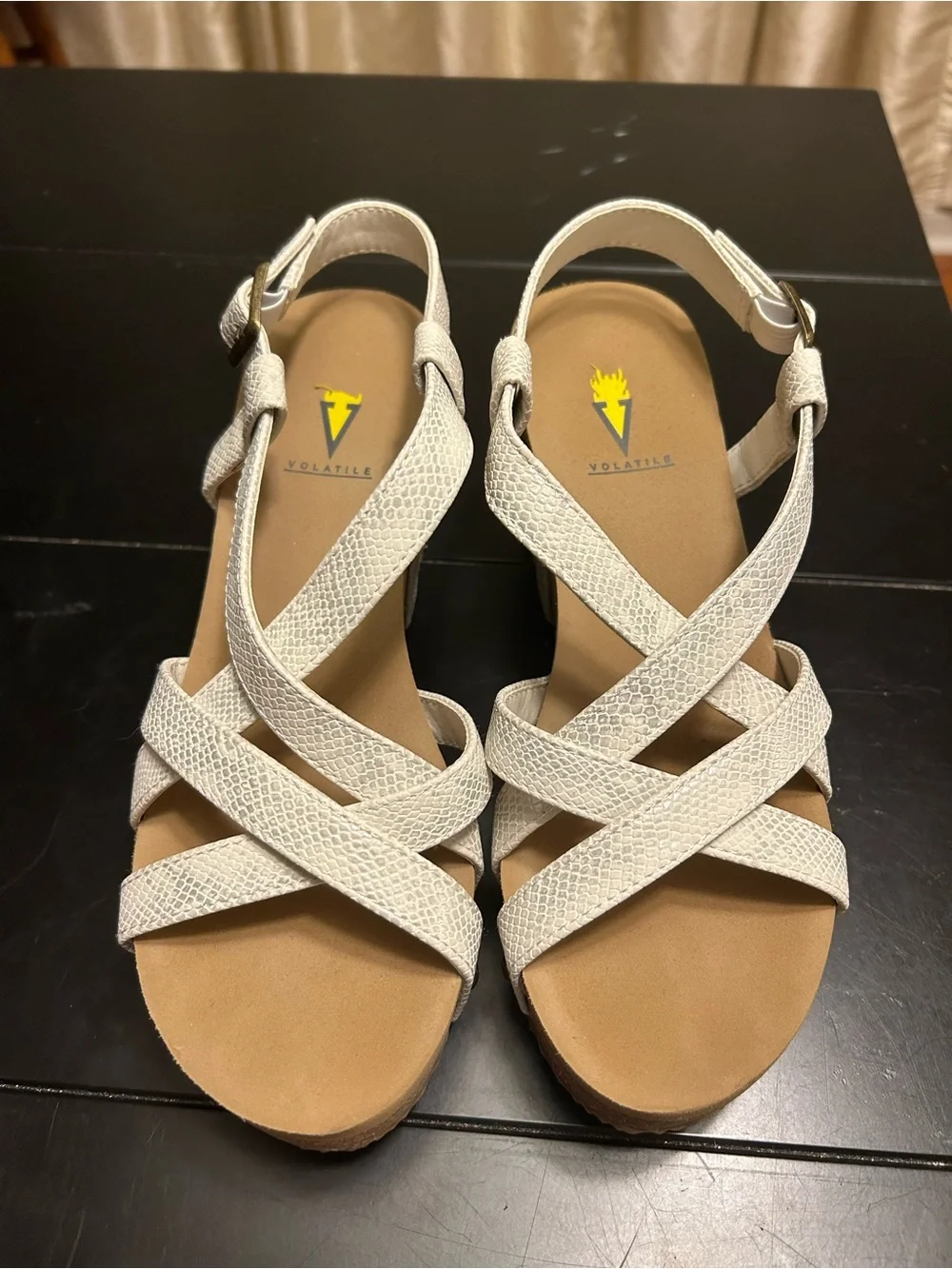 Volatile Off White Textured Strappy Cork Wedge Sandals with Ankle Buckle